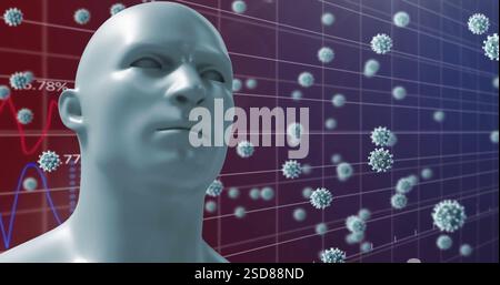 Bild des menschlichen Kopfes und Datenverarbeitung über Viruszellen Stockfoto