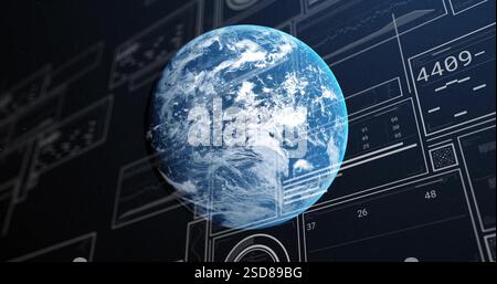 Bild der Datenverarbeitung und Diagramme über den Globus Stockfoto