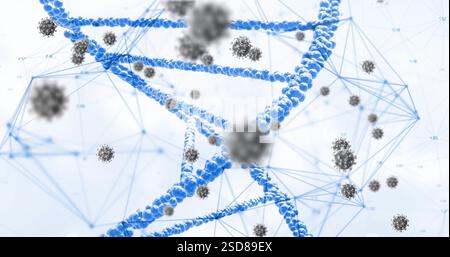 Bild von Viruszellen und dna-Strang auf weißem Hintergrund Stockfoto