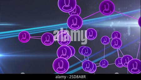 Abbildung des Netzwerks von Verbindungen mit Symbolen auf schwarzem Hintergrund Stockfoto