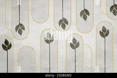 Abstrakte Marmortapete mit 3D-Illustration. 3D-Rendern gewellter goldener Linien auf hellem Hintergrund. Das Muster hinterlässt Äste moderner des Stockfoto