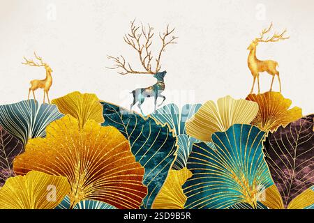 3D bunte Ginkgo-Blätter und goldene Hirsche. Türkisfarbenes, blaues, rotes und goldfarbenes Blatt. Wandmalerei in Landschaftsform Stockfoto