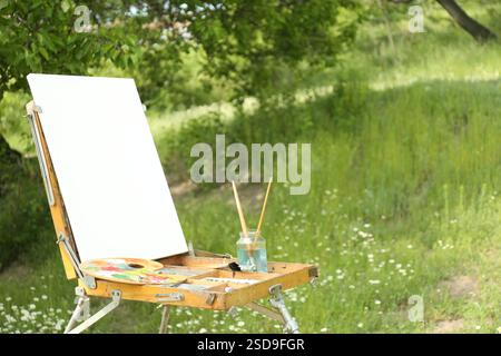 Staffelei mit leerer Leinwand und Malmaschinen in malerischer Landschaft Stockfoto