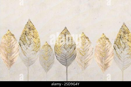 Zeichnen von goldenen, grauen, beigefarbenen und gelben Baumfedern auf hellem Hintergrund. Wandbilder aus 3D-Leinwand für die Wanddekoration. 3D minimalistisches Zeichenblattkunstwerk Stockfoto