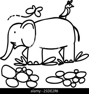 Ein süßer Elefant mit einem Vogel auf dem Rücken, der durch ein Feld mit Blumen läuft. Perfekt für Kinderbücher, Tierliebhaber und Naturthemen Stock Vektor