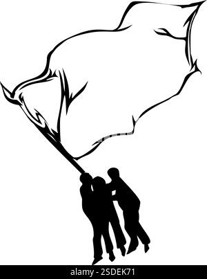 Silhouetten von drei Menschen, die eine Flagge hissen, symbolisieren Hoffnung, Frieden und Einheit Stock Vektor