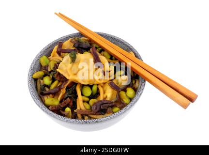 Miso-Nudeln mit Gyoza-Knödeln und Gemüse in einer Schüssel isoliert auf weißem Hintergrund Stockfoto
