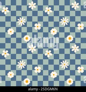 Grooviges kariertes Blumenmuster. Nahtloses Retro-Muster mit einfachen Blumen im Stil der 1970er Jahre. Grooviger Hintergrund für T-Shirt, Poster, Karte und Druck Stock Vektor