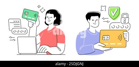 Geldkonzept. Kredit- oder Debitkarte. Kontaktloses digitales Bezahlen und Finanztransaktionen Stock Vektor