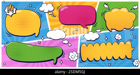 Pack mit Sprechblasen ohne Text- und Halbtonelemente auf groovigem Farbmuster. Vektorfarben Comic Illustrationen. Stock Vektor