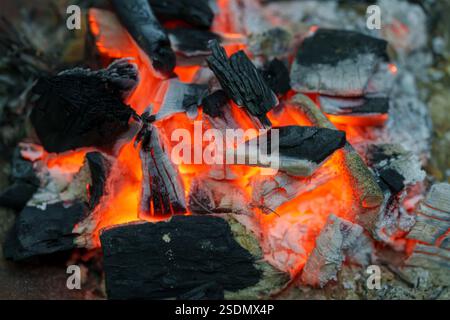 Holzkohle brennt im Winter in einem Brenner Stockfoto