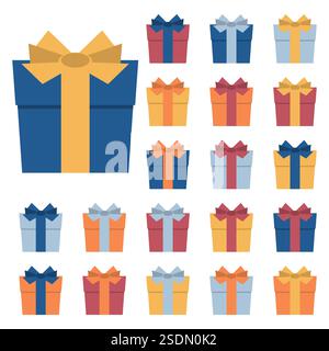 Sammlung von 20 mehrfarbigen Geschenkboxen. Vektorabbildung Stock Vektor