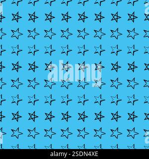 Nahtloser Hintergrund von Kritzelsternen. Schwarze handgezeichnete Sterne auf blauem Hintergrund. Vektorabbildung Stock Vektor