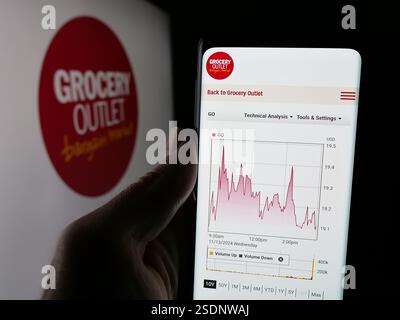 In dieser Abbildung hält eine Person ein Handy mit der Webseite des US-Einzelhandelsunternehmens Grocery Outlet Holding Corp. Vor dem Logo. Stockfoto