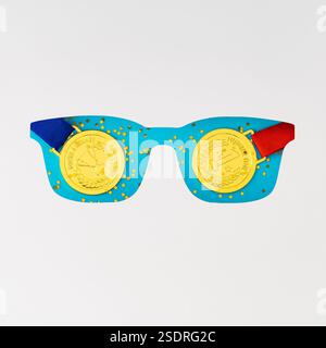 Leuchtend blauer Hintergrund mit goldenen Medaillen, sichtbar durch den weißen gläsernen Ausschnitt. Minimales Gewinnerkonzept. Flache Ausführung, Draufsicht. Stockfoto