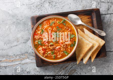 Eine gefüllte Pfeffersuppe mit Hackfleisch, Paprika, Reis und Tomaten ist eine gemütliche und angenehme eintönige Mahlzeit aus der Nähe in der Schüssel auf dem Tisch. Horizonta Stockfoto
