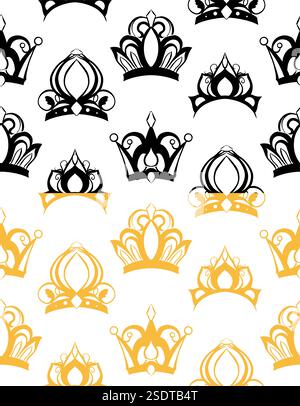 Vektorsatz nahtloser Muster mit goldenen und schwarzen Kronen auf weißem Hintergrund. Sammlung luxuriöser Textur mit königlichen Tracery-Diaas für die Prinzessin Stock Vektor