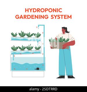 Pflanzen im Gewächshaus wachsen. Laboraquakulturanbau. Hydroponik, Aquaponik. Smart Farm-Konzept. Stock Vektor