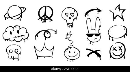 Graffiti Gangster Tattoo Elemente, Farbspritzer, Spray. Herzgesicht, Schädelset. Doodle Gunge groovige Druckkrone, Kirsche, Gruselset,. Vektorabbildung Stock Vektor