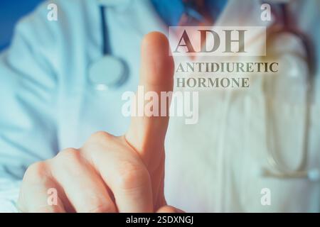 Zugeschnittene Ansicht eines jungen männlichen Arztes in einem weißen Mantel, der den Finger nach oben auf die Buchstaben "ADH" zeigt. Medizinisches Konzept. Stockfoto