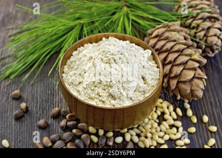 Mehl Zedernholz in einer Holzschale, Zedernnüsse und zwei Kegel, Zedernzweig mit grünen Nadeln auf dem Hintergrund dunkler Holzdielen Stockfoto