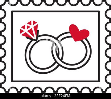 Briefmarke mit zwei verbundenen Ringen im Doodle-Stil. Handgezeichnet, trendiger flacher Stil, Liebes-isoliertes Symbol. Romantisches Symbol der Liebe für Grafik Design Poster Tattoo Valentinskarte Strichkunst Illustration Stock Vektor