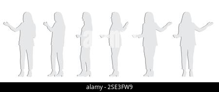 Vektorkonzept konzeptionelle graue Papierschnitt-Silhouette einer Geschäftsfrau, die eine Präsentation aus verschiedenen Perspektiven isoliert auf weiß macht Stock Vektor