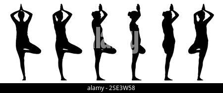 Vektorkonzept konzeptuelle schwarze Silhouette einer Frau, die eine Yoga-Pose aus verschiedenen Perspektiven auf weißem Hintergrund macht. Stock Vektor