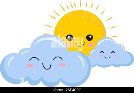 Wolken und Sonnentrickfilm auf weißem Hintergrund, Vektor Stock Vektor