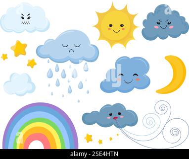 Wettersymbole, Wolke, Sonne, Regenbogen im Doodle-Stil auf weißem Hintergrund, Vektor Stock Vektor