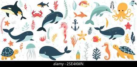 Meereslebewesen gesetzt, Wale, Fische, Delfine isoliert, Vektor Stock Vektor