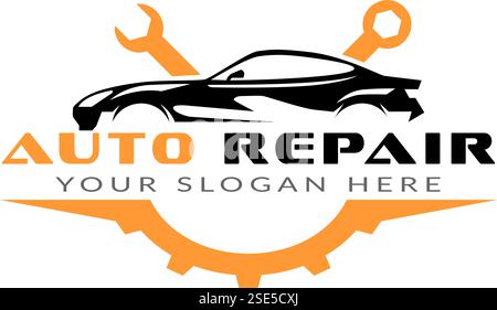 Ein modernes und minimalistisches Vektorlogo für einen Autoreparaturdienst. Mit einem Schraubenschlüssel und Zahnradsymbol, das die Fahrzeugwartung und den professionellen Einsatz repräsentiert Stock Vektor