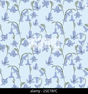 Nahtloses Muster auf weichem blauem Hintergrund Vintage Blauglocken Motive, abstrakt künstlerisch, Blüte, botanisch, Grafik, blumenmuster, leicht, Stock Vektor