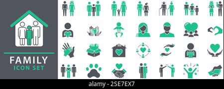 Symbolgruppe Familie. Symbole für Familienvektoren. Enthält Eltern, Mutter, Vater, Kinder, Baby, Großeltern und Haushaltssymbole. Symbolsammlung festlegen. Vecto Stock Vektor