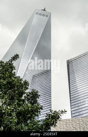 Über den umliegenden Gebäuden erhebt sich ein markanter Glashochhaus, dessen schlanke Linien den bewölkten Himmel reflektieren. Üppiges grünes Laub sorgt für ein natürliches Stockfoto