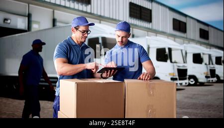 Ein Mann mit Tablet überprüft verschiedene Fracht, bevor er ins Lager geschickt wird. Stockfoto