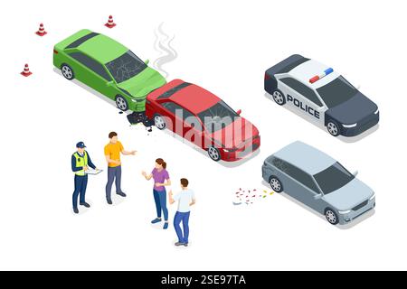 Drei Fahrzeuge, die an einem Autobahnunfall beteiligt waren, mit sichtbarem Schaden. Ein Polizeiauto ist anwesend und die Beamten nehmen Aussagen der Fahrer auf. Auto Stock Vektor