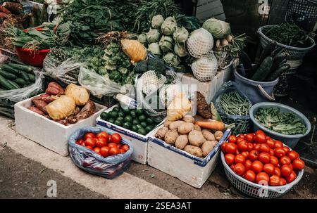 Entdecken Sie noch heute eine große Auswahl an frischem Gemüse und Obst an Ihrem lokalen Marktstand Stockfoto