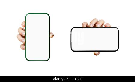 Schneide zwei Smartphones mit leerem Bildschirm in weiblichen Händen aus Stockfoto