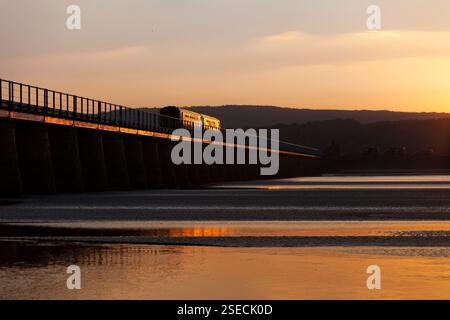 Der Supersprinterzug der Nordbahn der Klasse 156 überquert den Arnside Viadukt auf der landschaftlich reizvollen Cumbrian Coast Railway, die in der untergehenden Sonne glitzert Stockfoto