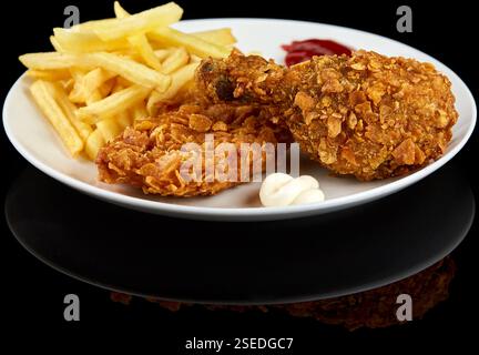 Ein weißer Teller gefüllt mit knusprigen, goldbraunen gebratenen Hähnchenstücken und frisch gekochten Pommes frites, auf schwarzem Hintergrund, um das M hervorzuheben Stockfoto