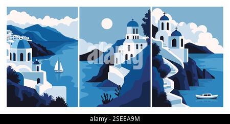 Griechische Santorini-Plakate. Abstrakte griechische Landschaft traditionelle weiße Architektur im flachen minimalistischen Stil der Mittelmeerinsel, reisen Sie nach Griechenland Stock Vektor