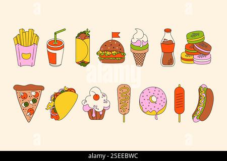 Ungesundes Essen Set. Fastfood Mahlzeit Cartoon Stil, Snacks und Getränke Pizza Burger Pommes Frites Hot Dog Chips Limonade, Junk Food Fett Essen flach Stil Stock Vektor