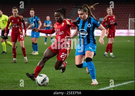 Lüttich, Belgien. Februar 2025. Lüttich, Belgien, 08. Februar 2025: Welma Fon (22 Standard Fémina de Liège) und Davinia Vanmechelen (25 Club YLA) kämpfen um den Ball (Duell) während des Lotto Super League-Spiels zwischen Standard Femina de Lüttich und ClubYLA im Stade de Maurice Dufrasne in Lüttich, Belgien (Martin Pitsch/SPP). /Alamy Live News Stockfoto