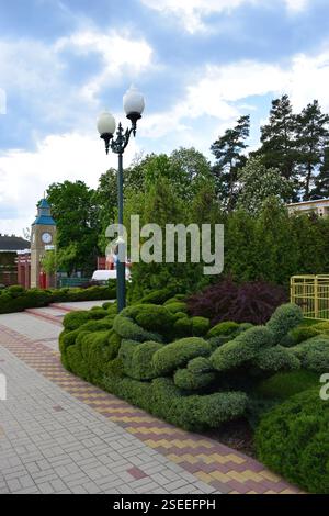 Charkow, Ukraine, 14. Mai 2024. Eine Gartenszene mit gepflegtem Grün und dekorativen Sträuchern entlang eines gepflasterten Weges. Ein Vintage-Stil Stockfoto