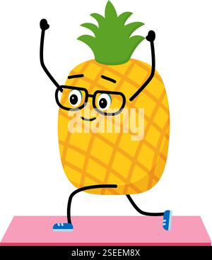 Charakter Ananas, Obst. Flache Zeichentrickvektor-Illustration. Gelber und reifer Ananascharakter in Gläsern. Stock Vektor