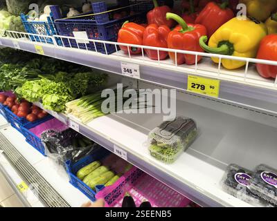 Frische Produkte mit Paprika, Tomaten, Salat, Zwiebeln und Gurken im Supermarkt. Stockfoto