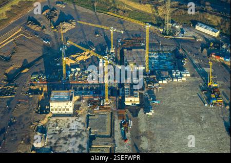 Luftaufnahme, Südhafen mit Baustelle und Baukran, Fahrn, Duisburg, Ruhrgebiet, Nordrhein-Westfalen, Deutschland Stockfoto