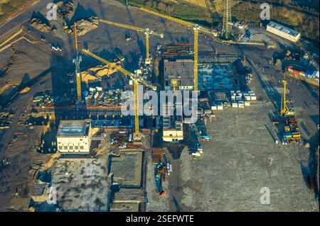 Luftaufnahme, Südhafen mit Baustelle und Baukran, Fahrn, Duisburg, Ruhrgebiet, Nordrhein-Westfalen, Deutschland Stockfoto