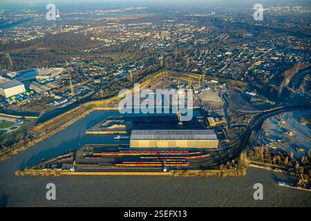 Luftaufnahme, Südhafen mit Baustelle und Baukran, Fahrn, Duisburg, Ruhrgebiet, Nordrhein-Westfalen, Deutschland Stockfoto